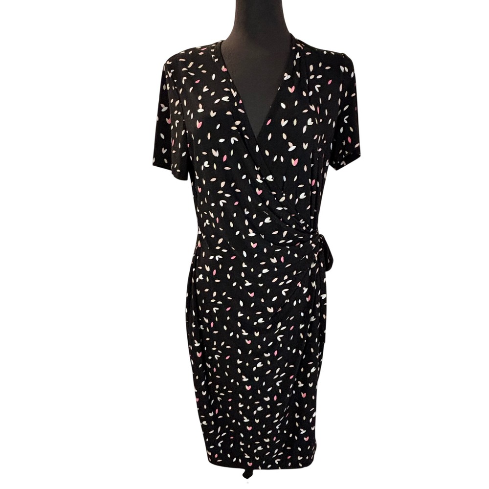 Anne Klein Women Black Multicolored Petal Print Faux Wrap Sheath Dress Size 14